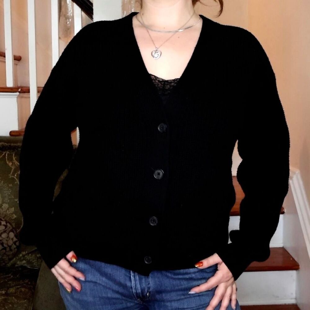 Gap Black Cardigan Sz Medium Cotton Cozy Knit Whimsigoth Layering Jumper Fall
